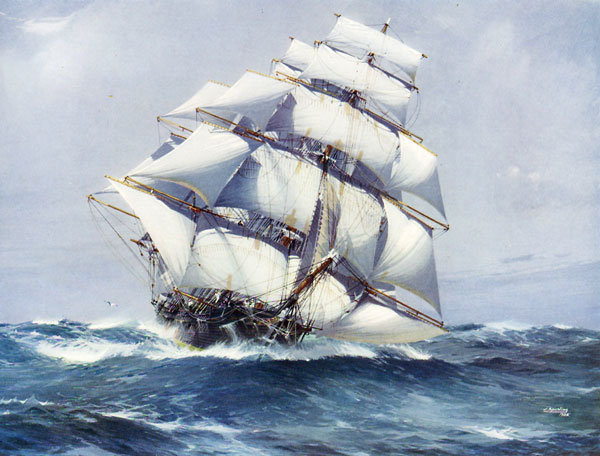 Illustration of clipper ship Flying Cloud by Jack Spurling, 1926?, from the book Sail: Romance of the Clipper Ships