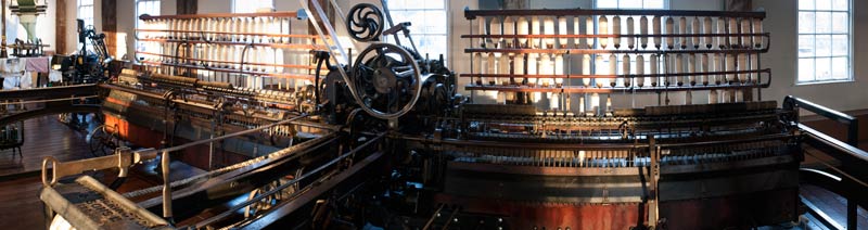 Panoramic photo of a mule spinning machine, Slater Mill, R.I.